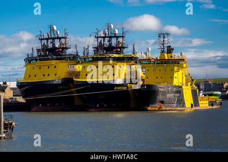 VIKING shipping line vessels. Oil support ships triple berthed, Montrose Harbour Scotland UK Stock Photo