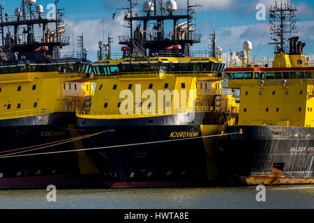 VIKING shipping line vessels. Oil support ships triple berthed, Montrose Harbour Scotland UK Stock Photo