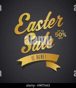Golden Easter Sale is here text with ribbon on dark gradient background. Stock Vector