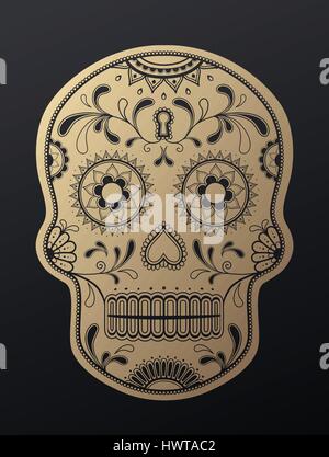 Sugar Skull day of the dead golden illustration. Stock Vector