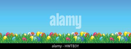 Easter wide seamless border. Background with bright green grass and painted eggs. Egg hunt landscape Stock Vector