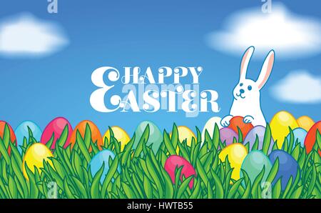 Happy Easter. Greeting or invitation card horizontal template. White Easter bunny with painted eggs and green grass. Background with clouds and blue s Stock Vector