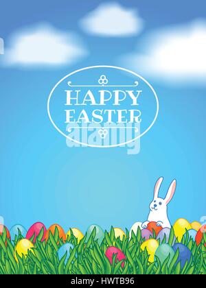 Happy Easter. Greeting or invitation card vertical template. White Easter bunny with painted eggs and green grass. Background with clouds and blue sky Stock Vector