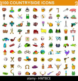 100 countryside icons set, cartoon style Stock Vector
