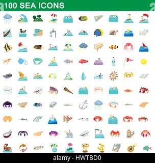 100 sea icons set, cartoon style Stock Vector
