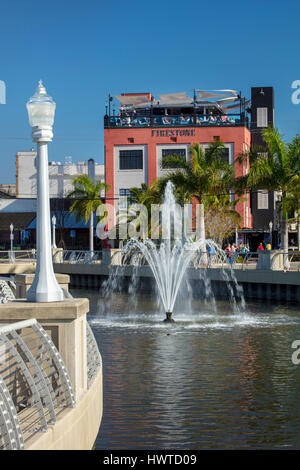 Harborside view of The Firestone Grille, Martini Bar & Sky Bar and buildings of downtown Ft Myers, Florida, USA Stock Photo