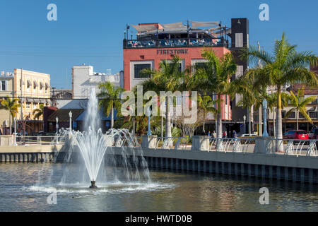 Harborside view of The Firestone Grille, Martini Bar & Sky Bar and buildings of downtown Ft Myers, Florida, USA Stock Photo