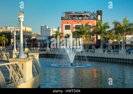 Harborside view of The Firestone Grille, Martini Bar & Sky Bar and buildings of downtown Ft Myers, Florida, USA Stock Photo