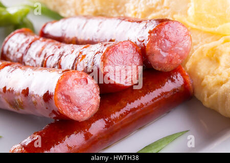 breakfast with omelet, asparagus and sausages. Stock Photo