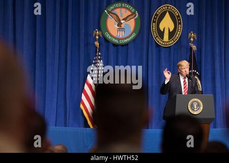 U.S President Donald Trump delivers remarks during a visit to the U.S. Military Central Command Headquarters February 6, 2017 in Tampa, Florida.