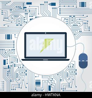 Electronics circuit background. Laptop with a plug plugged in and lightning symbol on the monitor. Stock Vector
