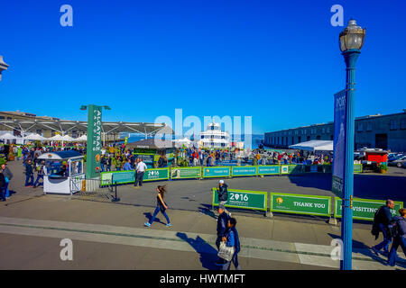 San Francisco, California - February 11, 2017: Beautiful touristic view of the bayside pier in the popular and cultural downtown area. Stock Photo