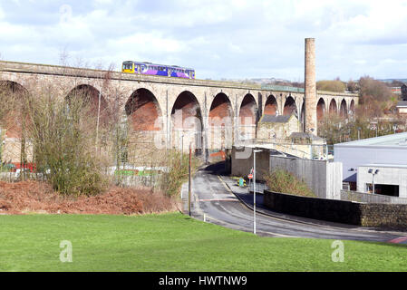 East Lancs railway line diesel locomtive passing over viaduct,Burnley,Lancashire,UK Stock Photo