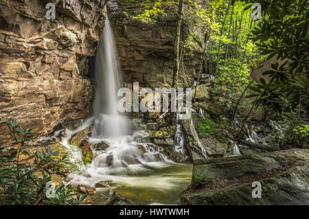 Spring rains bring the water in Fern Creek as it bursts forth from the cliff walls of the New River Gorge, cascading down and around the small rock. Stock Photo