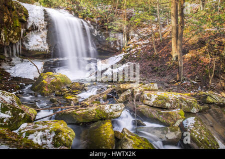 The larger section of upper Marr Branch falls after snow melt in winter, located near Fayette Station Road in the New River Gorge, West Virginia. Stock Photo