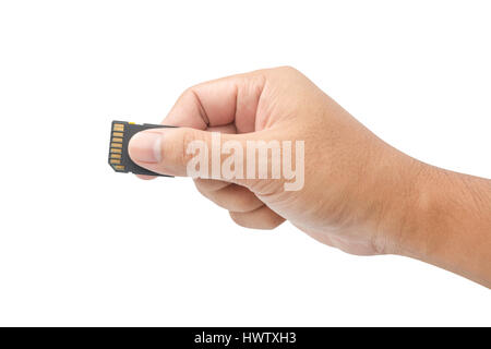 Hand with sd card isolated on white background with clipping path Stock Photo
