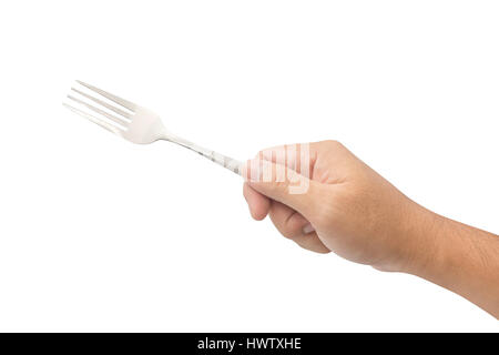 hand holding metal fork isolated on white background with clipping path Stock Photo