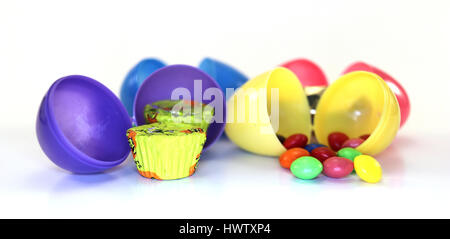 assorted colored easter eggs with cany inside Stock Photo
