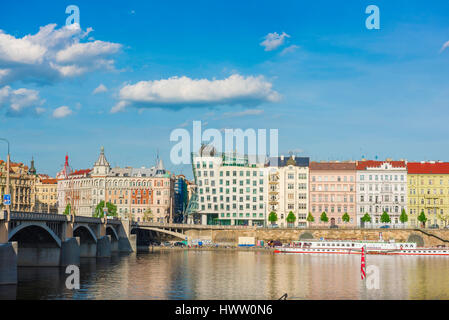 Prague river Vltava, view of buildings along the Nove Mesto side of the River Vltava in Prague, including the famous Dancing House (centre), Czech Rep Stock Photo