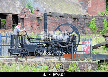 Blists Hill Victorian Town.  Replica of World's first steam railway locomotive being demonstrated. Stock Photo