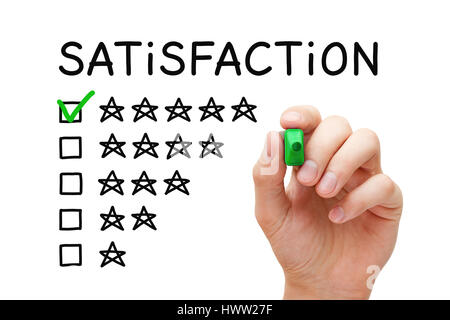 Hand putting check mark with green marker on five stars in customer satisfaction checklist form. Stock Photo