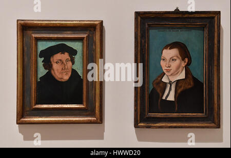 Erfurt, Germany. 23rd Mar, 2017. The paintings (L-R) 'Bildnis Martin Luthers' and 'Bildnis der Katharina Luther' can be seen at the exhibition 'Cranach before and after the reformation' at the Angermuseum in Erfurt, Germany, 23 March 2017. The paintings were fashioned after Cranach, or produced in his workshop. The permanent exhibition on medieval art shows in a new section rare pictures, partially from private collections, of Lucas Cranach from the 25th March to the 25th June. Photo: Martin Schutt/dpa-Zentralbild/dpa/Alamy Live News Stock Photo