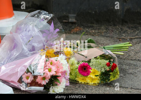 Westminster, London, UK 23 Mar 2017- Floral Tributes on Westminster Bridge. Scotland Yard said on 23 March 2017 that police have made seven arrests in raids carried out over night in Birmingham London and elsewhere in the country after the terror attack in the Westminister Palace grounds and on Westminster Bridge on 22 March 2017 leaving four people dead, including the attacker, and 29 people injured. Credit: Dinendra Haria/Alamy Live News Stock Photo