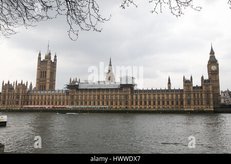 Westminster, London, UK 23 Mar 2017- A general view of Houses of Parliament following the terrorist attack in Westminster, London. Scotland Yard said on 23 March 2017 that police have made seven arrests in raids carried out over night in Birmingham London and elsewhere in the country after the terror attack in the Westminister Palace grounds and on Westminster Bridge on 22 March 2017 leaving four people dead, including the attacker, and 29 people injured. Credit: Dinendra Haria/Alamy Live News Stock Photo