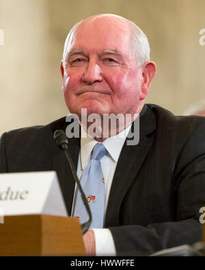 Washington DC, USA. 23rd March, 2017. Former Governor George 'Sonny' Perdue (Republican of Georgia), United States President Donald J. Trump's nominee to be US Secretary of Agriculture, testifies during his confirmation hearing before the US Senate Committee on Agriculture, Nutrition & Forestry on Capitol Hill in Washington, DC on Thursday, March 23, 2017. Credit: Ron Sachs/CNP /MediaPunch Credit: MediaPunch Inc/Alamy Live News Stock Photo