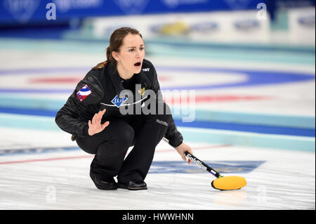 Beijing, China. 23rd Mar, 2017. Anna Sidorova of Russia competes during the World Women's Curling Championship round-robin match against China in Beijing, capital of China, March 23, 2017. China lost 4-6. Credit: Ju Huanzong/Xinhua/Alamy Live News Stock Photo