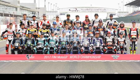 Doha, Qatar. 23rd Mar, 2017. Moto3 riders pose during a photo session before 2017 MotoGP Grand Prix of Qatar Free Practice 1 in Losail Circuit of Doha, capital of Qatar, on March 23, 2017. Credit: Nikku/Xinhua/Alamy Live News Stock Photo