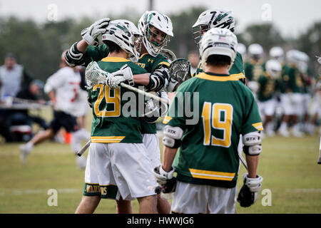 Jupiter, Florida, USA. 23rd Mar, 2017. Jupiter Warriors players embrace Kenny Cronin (29) after scoring a goal against the Benjamin Buccaneers at Jupiter Community Park on Thursday, Mar. 23, 2017. Credit: Michael Ares/The Palm Beach Post/ZUMA Wire/Alamy Live News Stock Photo