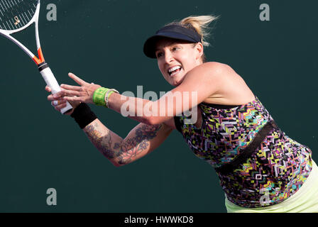 Key Biscayne, Florida, USA. 23rd Mar, 2017. Bethanie Mattek-Sands, of the United States, returns a shot during her winning match against Elina Svitolina, from Ukraine, at the 2017 Miami Open presented by Itau professional tennis tournament, played at Crandon Park Tennis Center in Key Biscayne, Florida, USA. Mario Houben/CSM/Alamy Live News Stock Photo