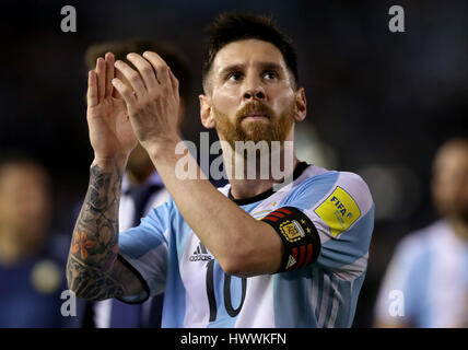 Buenos Aires, Argentina. 23rd Mar, 2017. Argentina's Lionel Messi reacts after the match for the South American qualifiers for the Russia 2018 FIFA World Cup against Chile, held in the Antonio Vespucio Liberti stadium, Buenos Aires, Argentina, on March 23, 2017. Credit: Martin Zabala/Xinhua/Alamy Live News Stock Photo