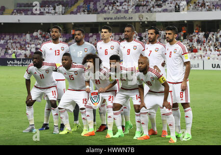 Al Ain, United Arab Emirates. 23rd Mar, 2017. UAEUAE team group line-up Football/Soccer : UAE team group shot (Top row - L to R) Khamis Esmaeel, Khalid Eisa, Mohanad Salem, Abdulaziz Hussain, Ali Mabkhout, Hamdan Al Kamali, (Bottom row - L to R) Ahmed Barman, Ismail Al Hammadi, Omar Abdulrahman, Abdelaziz Sanqour and Ismaeil Matar before the FIFA World Cup Russia 2018 Asian Qualifiers Final Round Group B match between United Arab Emirates 0-2 Japan at Hazza Bin Zayed Stadium in Al Ain, United Arab Emirates . Credit: Kenzaburo Matsuoka/AFLO/Alamy Live News Stock Photo