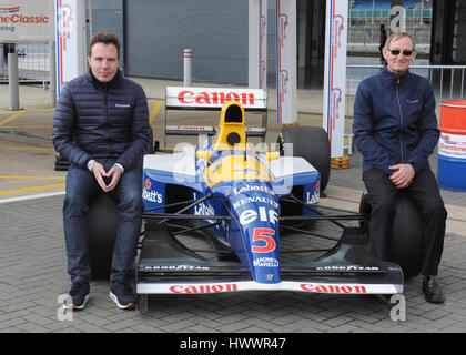 Silverstone circuit, Northamptonshire, UK. 23rd Mar, 2017. Jonathan Williams ( left) and long time Williams mechanic and team manager Dickie Stanford with Nigel Mansell's Williams-Renault FW14B which won the 1992 British Grand Prix> First time this car has been back to the circuit since. Grove-based Williams F1 celebrates its 40th anniversary in the sport in 2017. Williams and Stanford run the Williams Heritage division set up to curate the Williams Grand Prix collection which showcases the team's groundbreaking F1 cars dating back to 1978. At the Siverstone Classic Media day Silverstone circu Stock Photo
