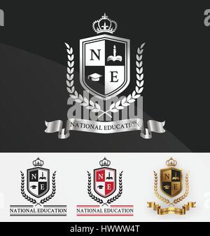 Shield and wreath laurel with crown crest logo design. Suitable for student academy, learning center, real estate, hotel, resort, official and service Stock Vector