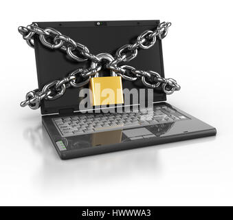 3d illustration of laptop computer locked with chains and padlock Stock Photo