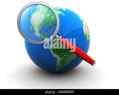 3d illustration of earth globe and magnify glass, over white background Stock Photo