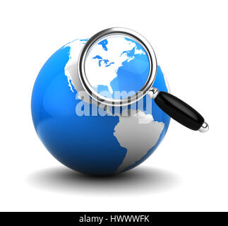 3d illustration of blue earth globe with magnify glass, over white background Stock Photo