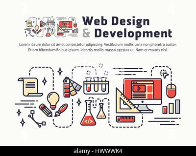 Web design and Development. Icons and symbols for web header, banner, page cover, printing media. Vector illustration Stock Vector