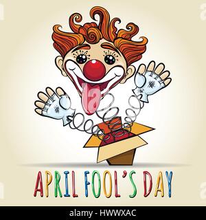 Happy April Fool's Day Illustration. Toy Clown springing out of a box. Vector illustration in cartoon style. Stock Vector