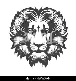 Lion head drawn in engraving style. Good for an emblem and T-shirt graphic or tattoo. Vector illustration isolated on white. Stock Vector
