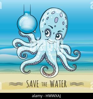 Save the Water poster in cartoon style. Funny octopuss hold flask of fresh water. Vector Illustration. Stock Vector