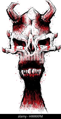 A spooky illustration of a demon skull with evil fangs and scary horns. Stock Vector