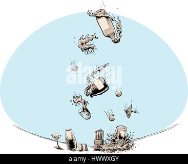 A cartoon battle smashes as bottles, drinks and olives fall down to the top of a counter bar. Stock Vector
