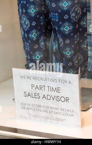We're recruiting for a part time sales advisor ask in store for more details or apply online sign in East clothing store at Cirencester in March Stock Photo