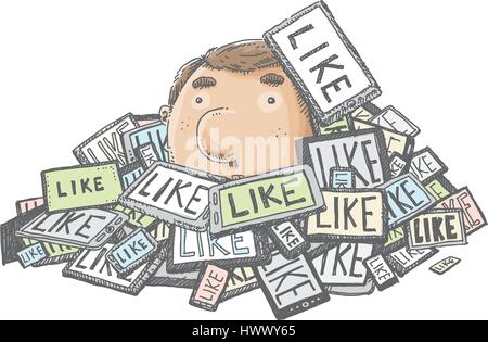 A cartoon man covered by a pile of tablet computers connected to social media. Stock Vector