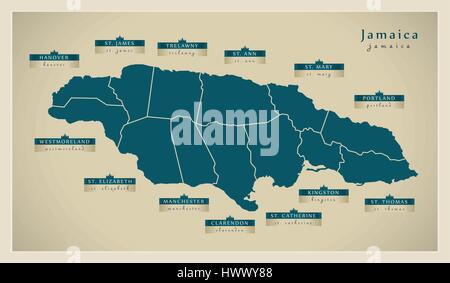 Modern Map - Jamaica with detailed parishes JM Stock Vector