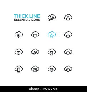 Clouds with Symbols - modern vector single thick line icons set Stock Vector